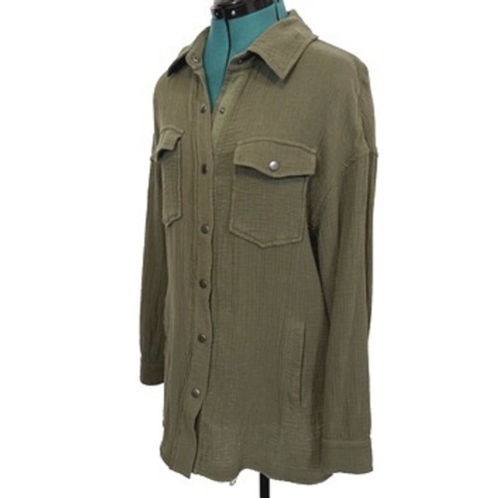 Avec Les Filles Women's Small Button Down Gauze Shirt Green Oversized - Picture 4 of 7